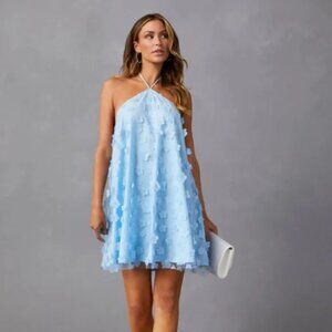Blue Floral Applique Halter Dress